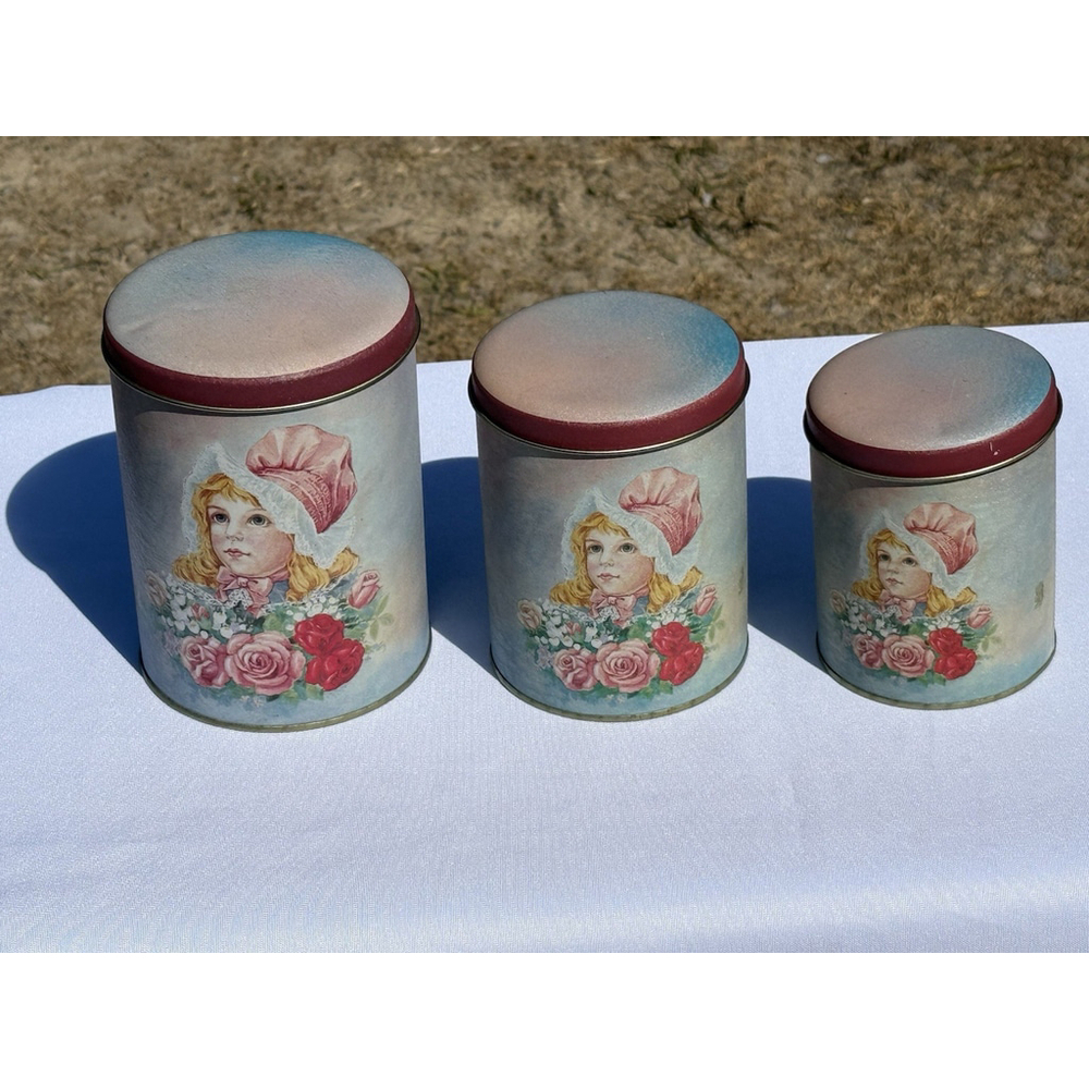 Vintage Metal Round 3 Tin Canister Victorian Women Girl Pink Floral Bonnet